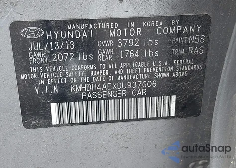 2013 Hyundai Elantra Limited from USA, damaged, VIN KMHDH4AEXDU937606